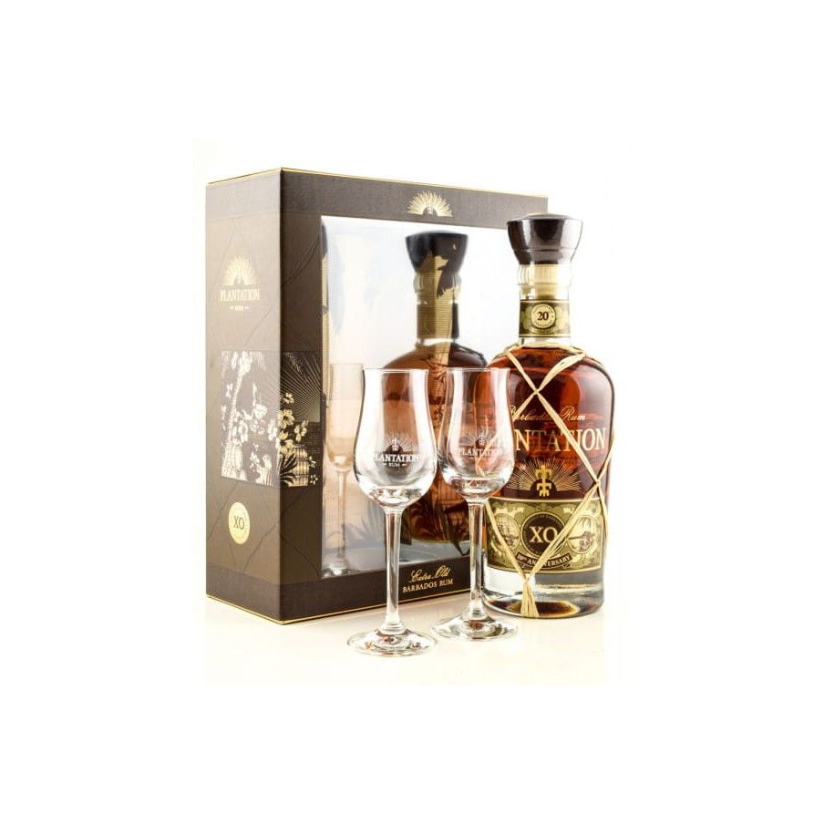 PLANTATION XO 20th ANNIVERSARY, BOX + 2 GLASSES 70cl.