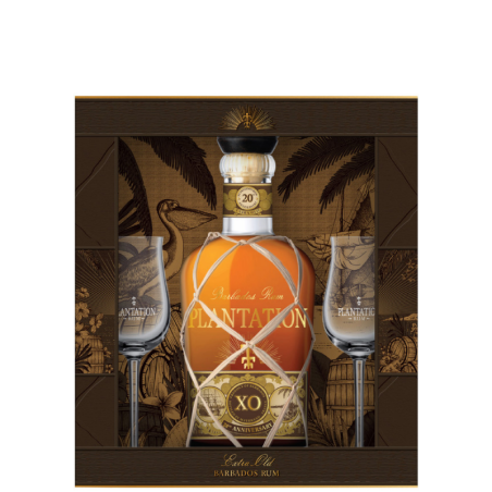 PLANTATION XO 20th ANNIVERSARY, BOX + 2 GLASSES 70cl.